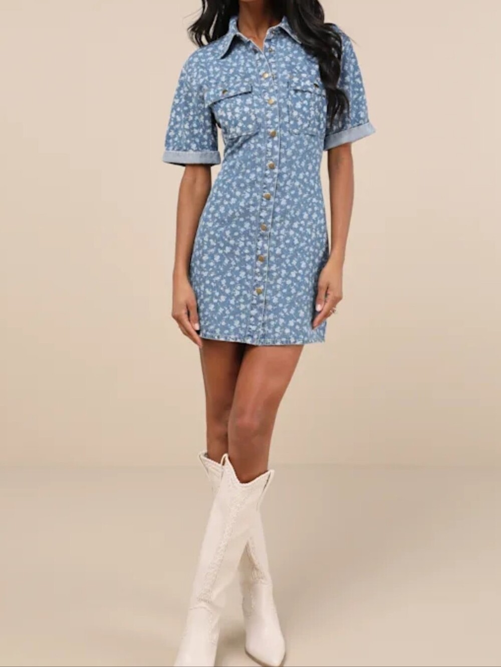 Lulus Renske Light Wash Floral Print Denim Mini Dress - Size Medium - NWT